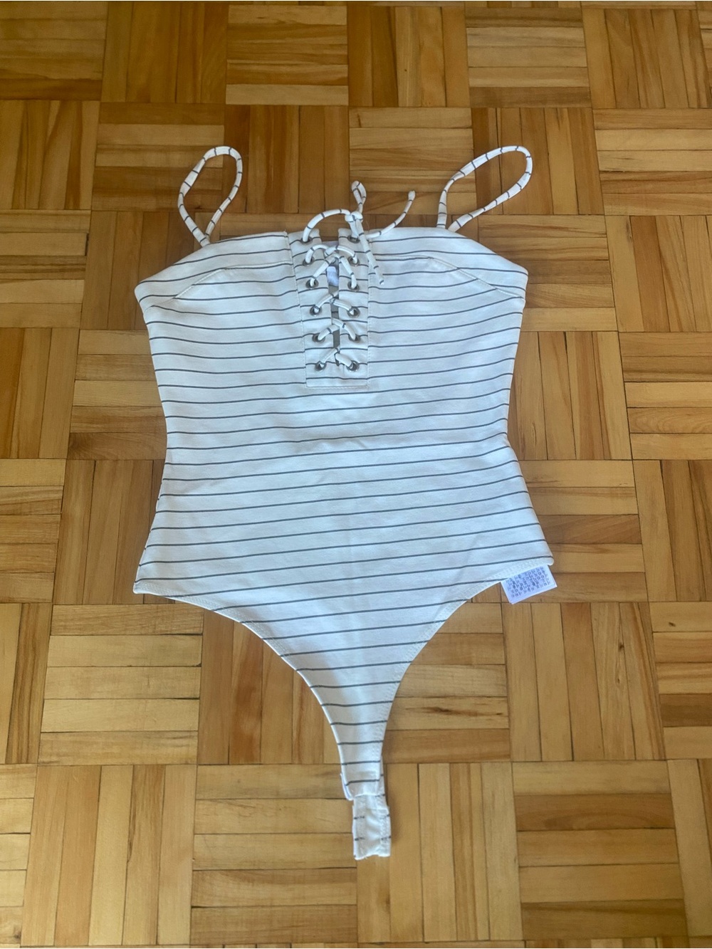 Guess White and Black Striped Lace-Up Bodysuit
